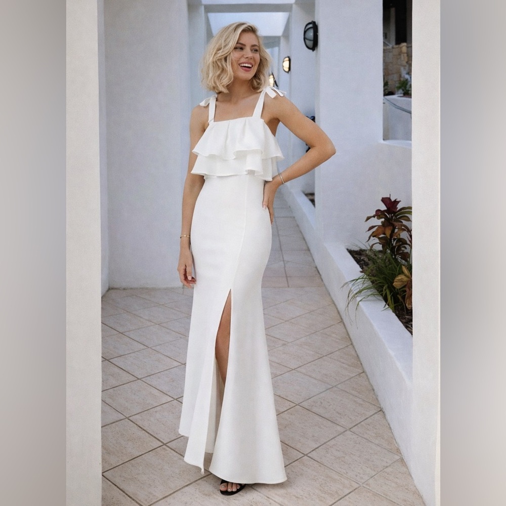 C/MEO Collective White Maxi Dress with Ruffle and Slit - Picture 2 of 5